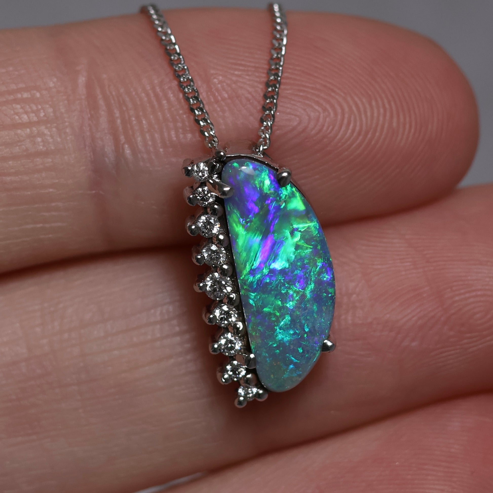 Semi Black Opal Pendant With Diamonds - 18K White Gold