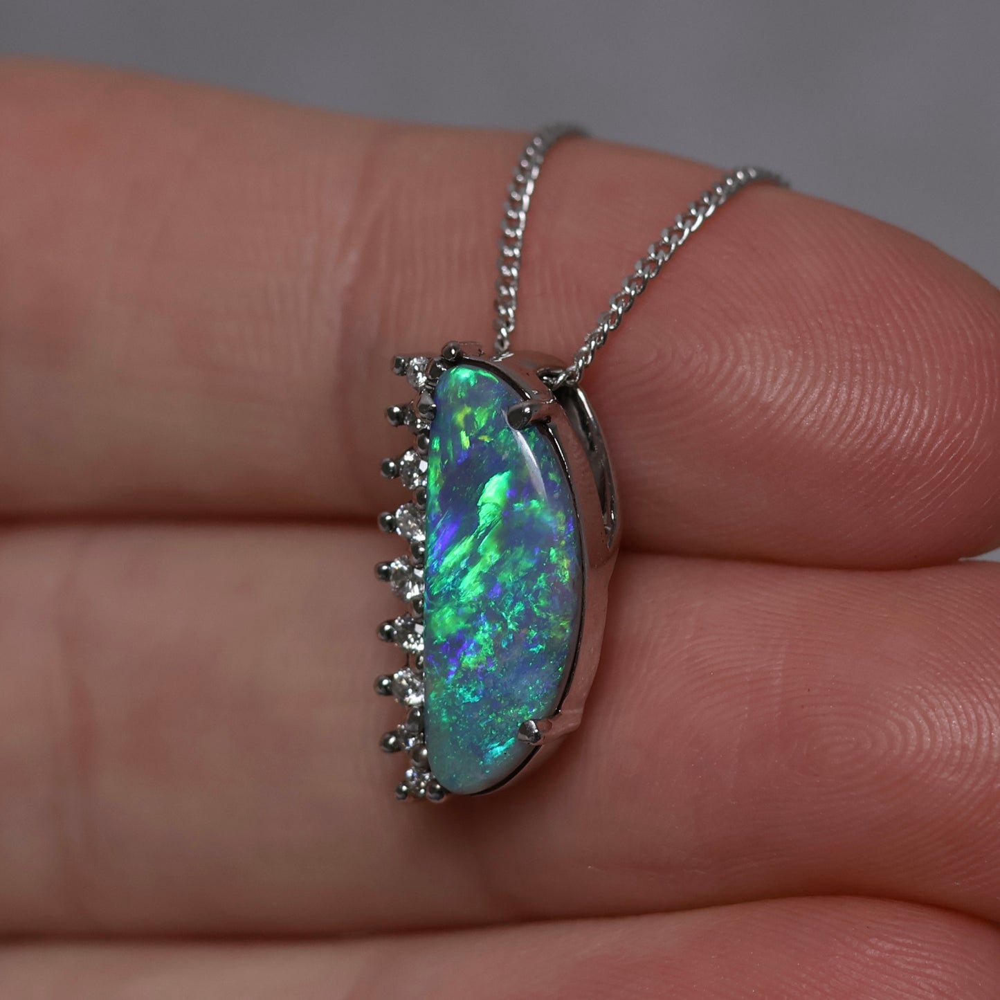 Semi Black Opal Pendant With Diamonds - 18K White Gold