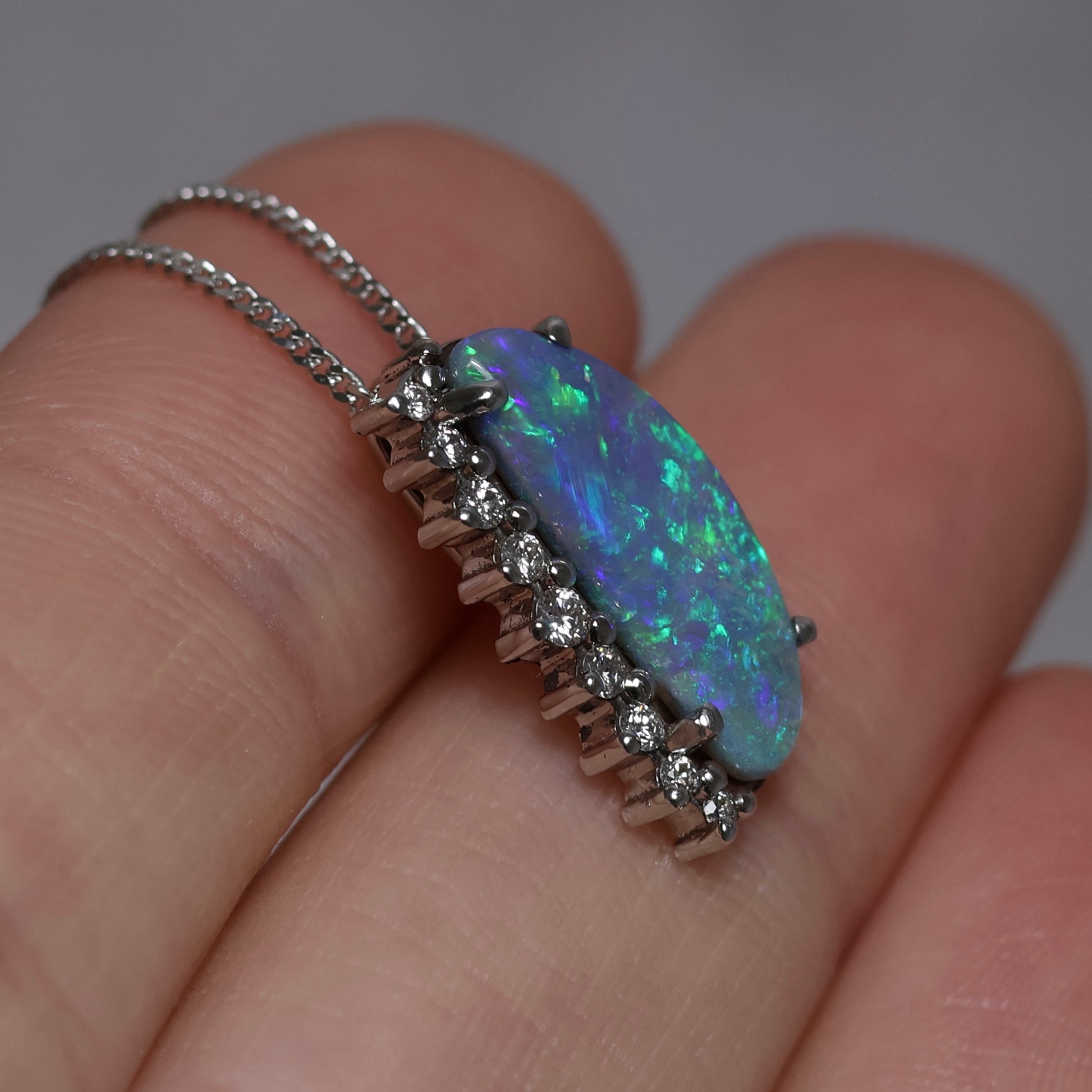 Semi Black Opal Pendant With Diamonds - 18K White Gold