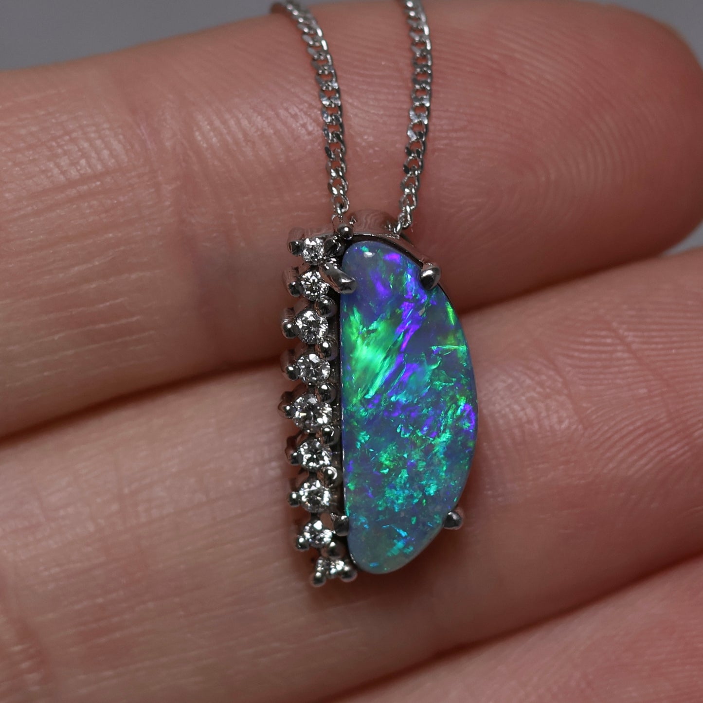 Semi Black Opal Pendant With Diamonds - 18K White Gold