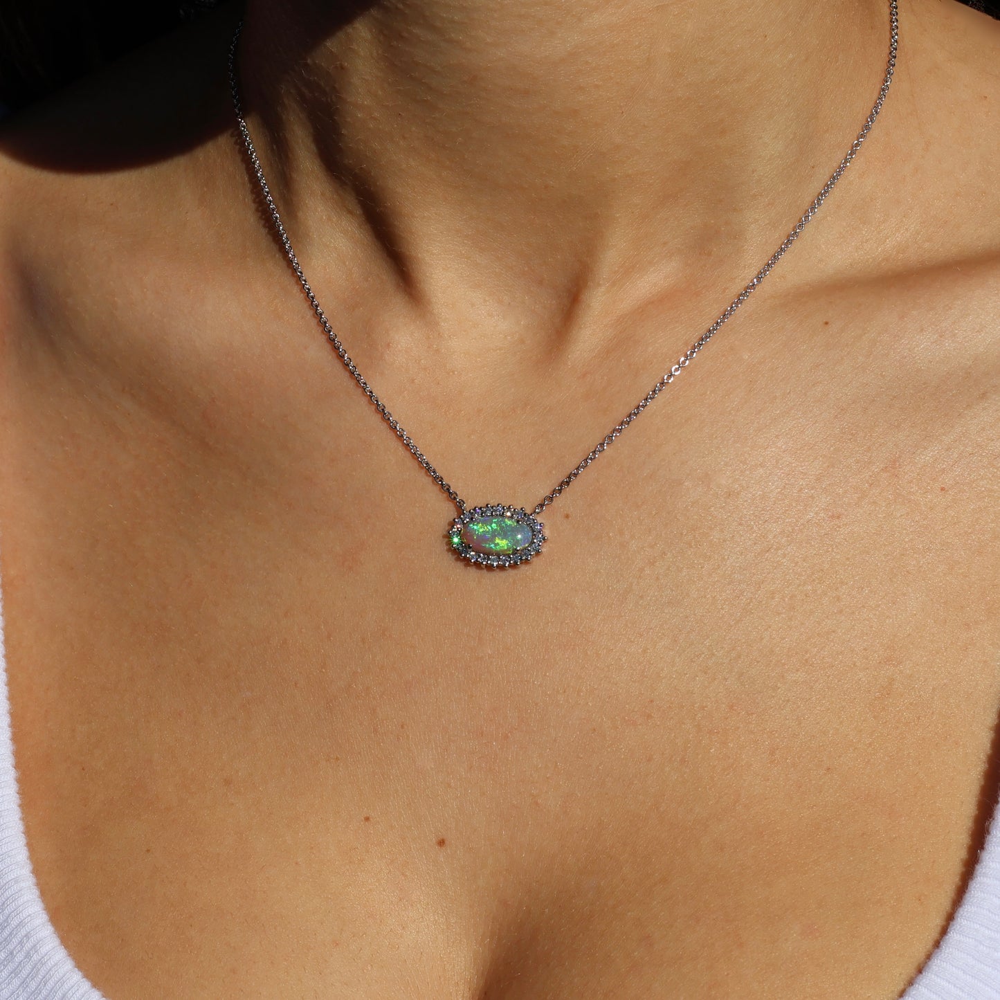 Crystal Opal Pendant with Diamonds - 18K White Gold