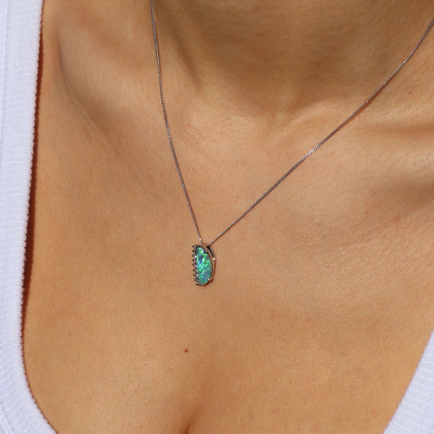 Semi Black Opal Pendant With Diamonds - 18K White Gold