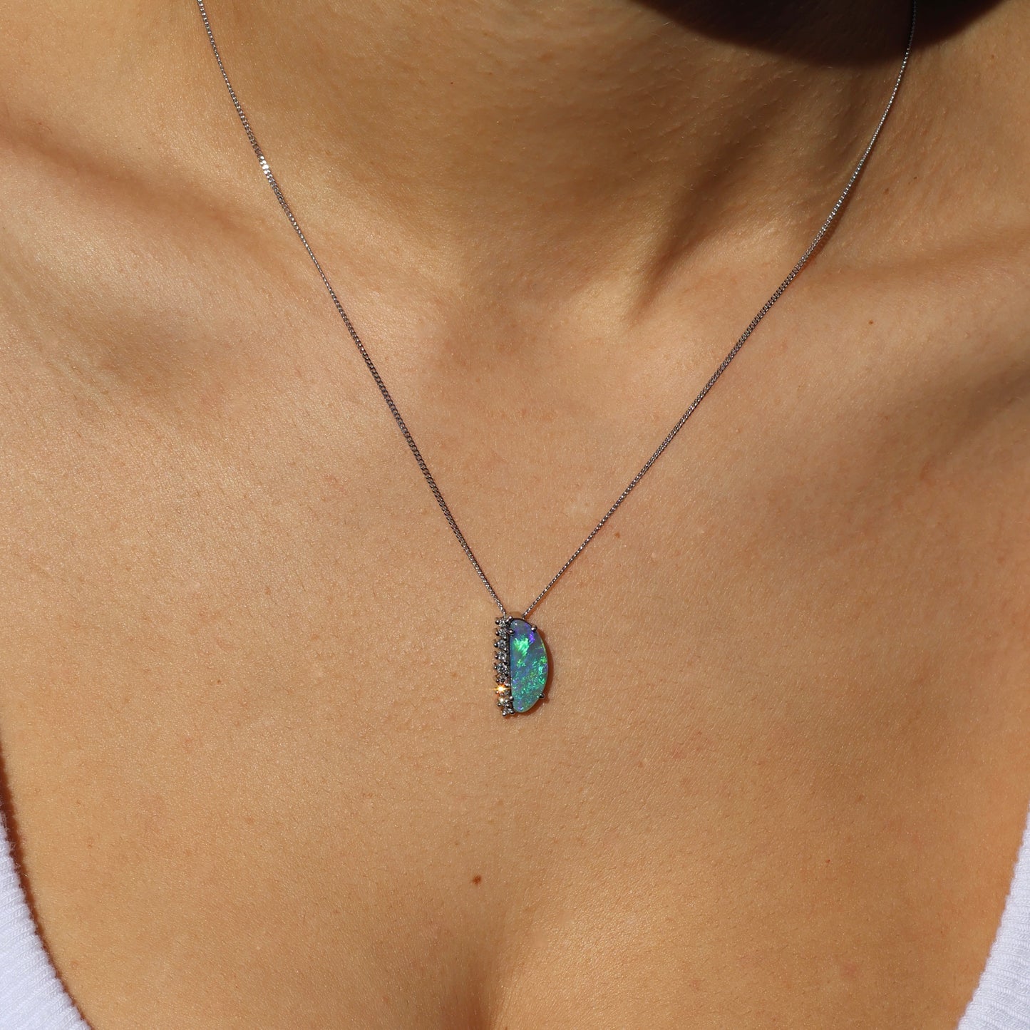 Semi Black Opal Pendant With Diamonds - 18K White Gold