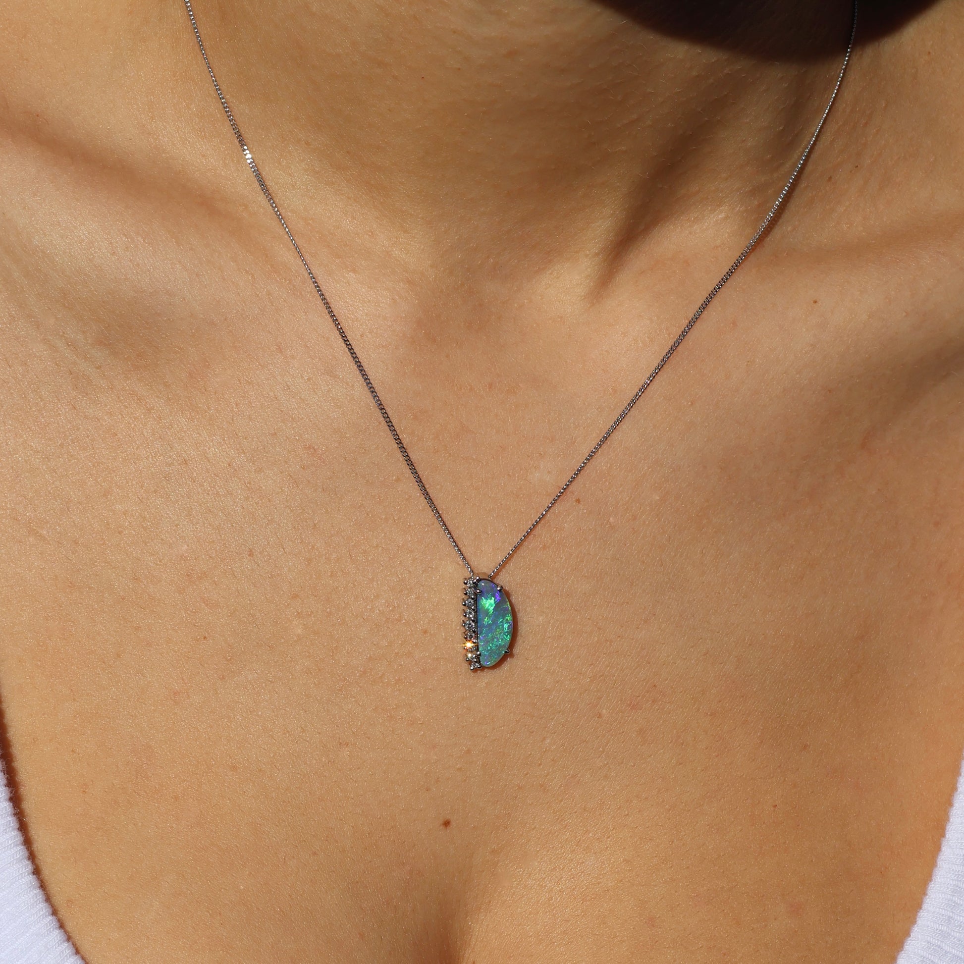 Semi Black Opal Pendant With Diamonds - 18K White Gold