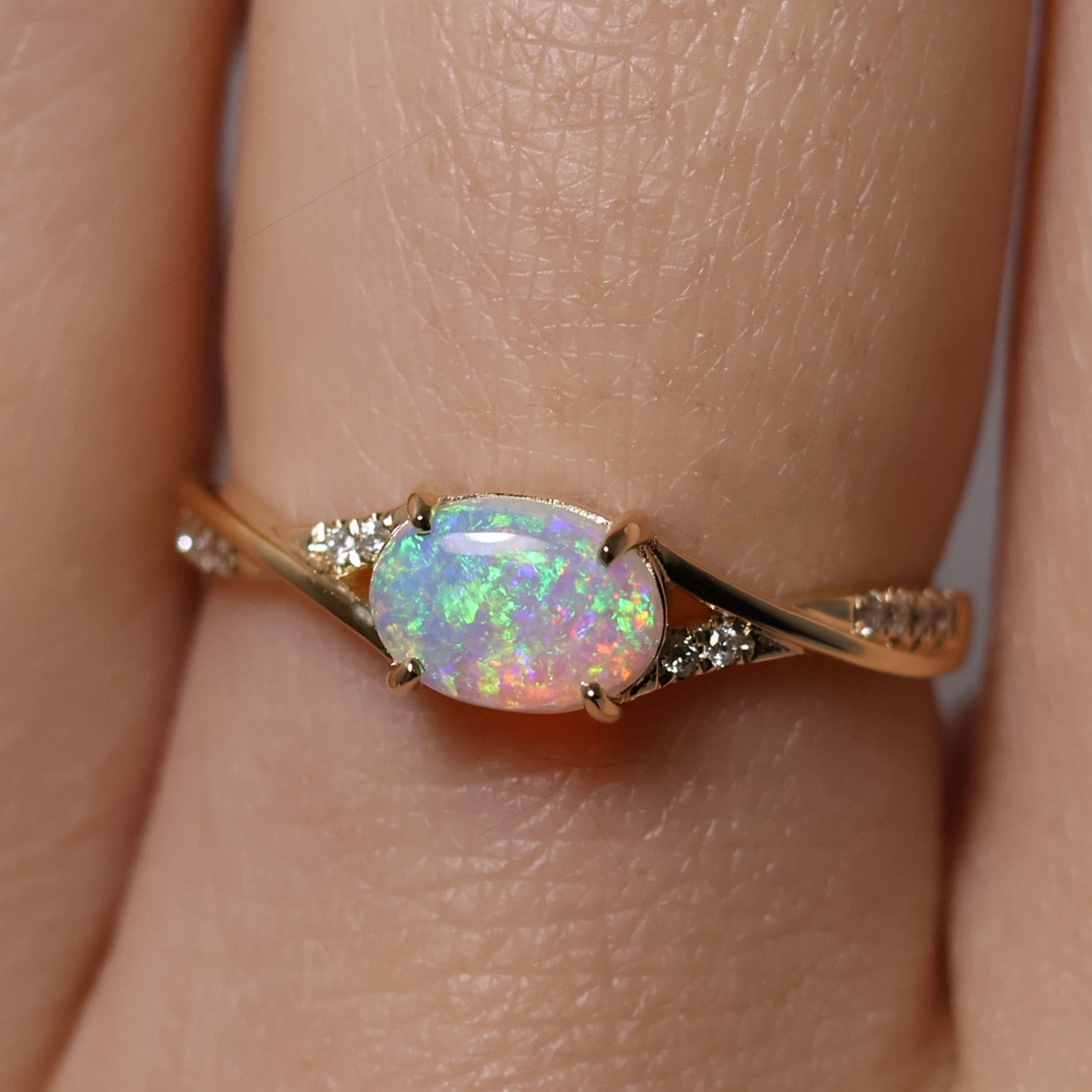 Crystal Opal Ring With Diamonds - 14K Yellow Gold