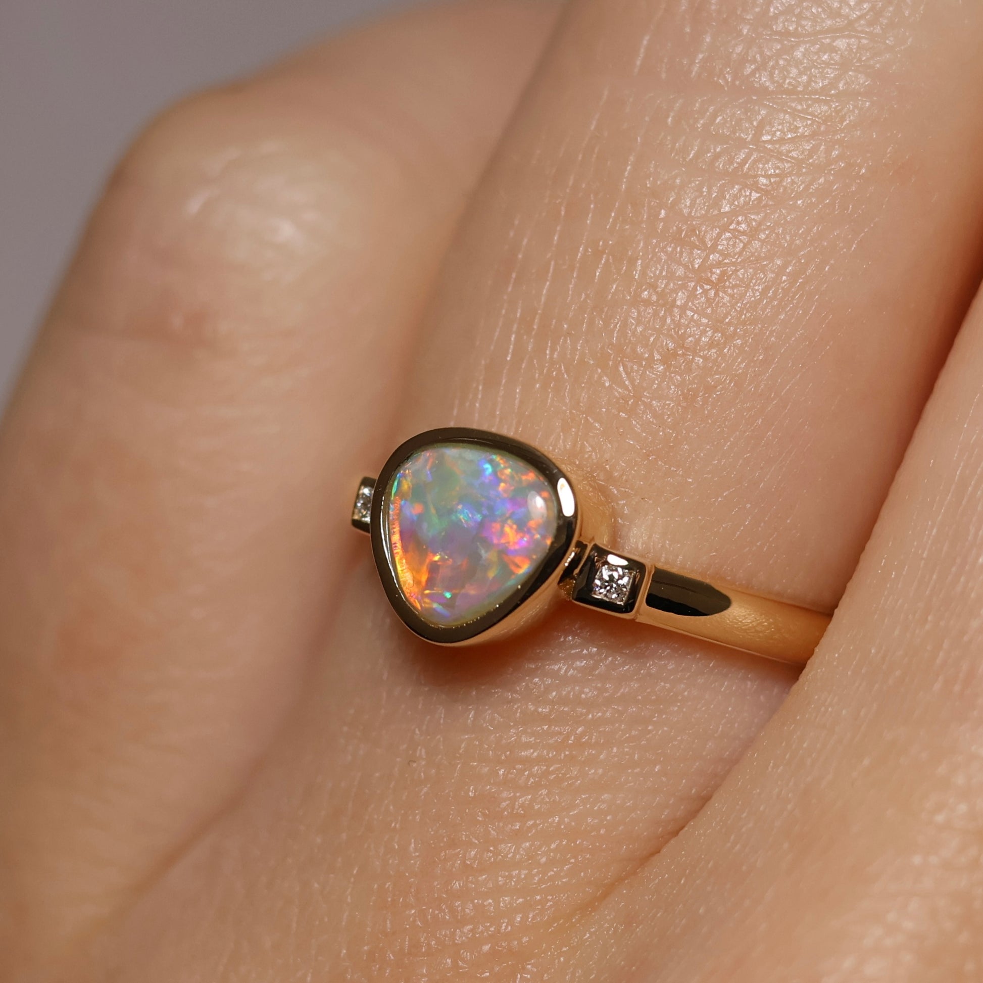 Crystal Opal Ring With Diamonds - 14K Yellow Gold