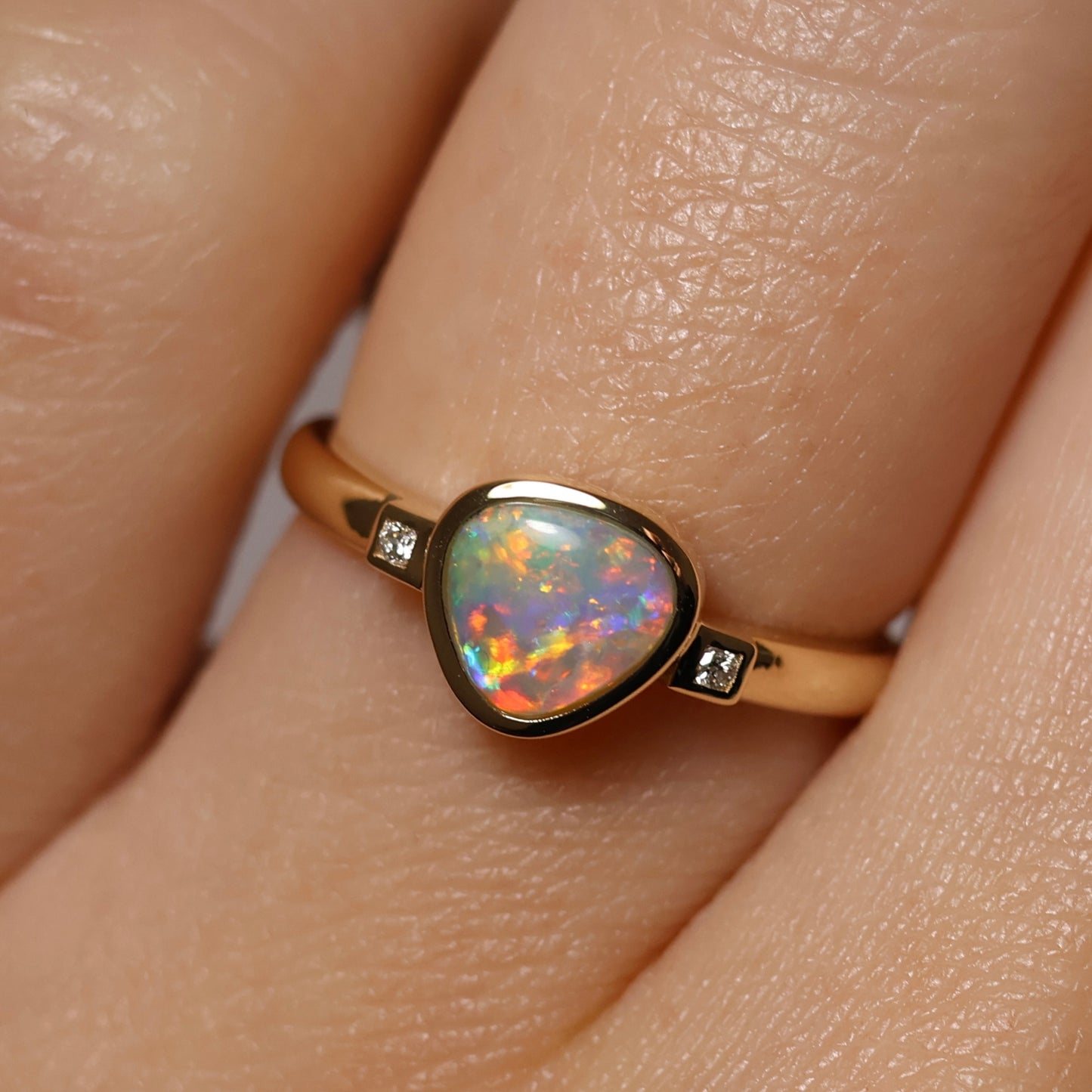 Crystal Opal Ring With Diamonds - 14K Yellow Gold