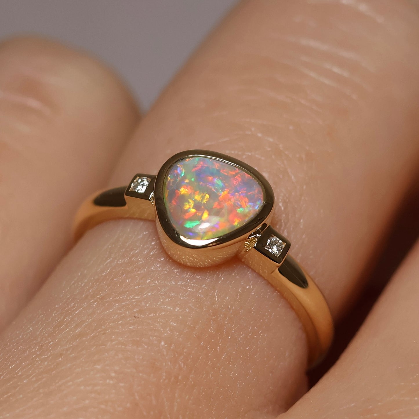 Crystal Opal Ring With Diamonds - 14K Yellow Gold