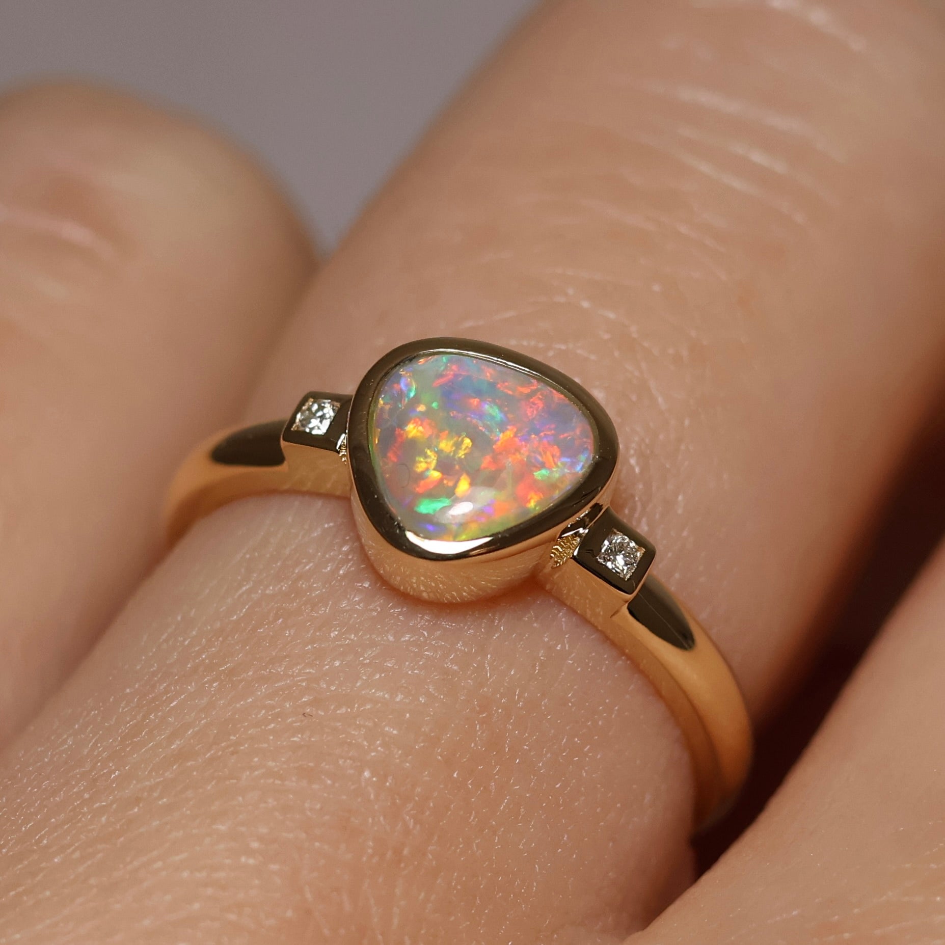 Crystal Opal Ring With Diamonds - 14K Yellow Gold