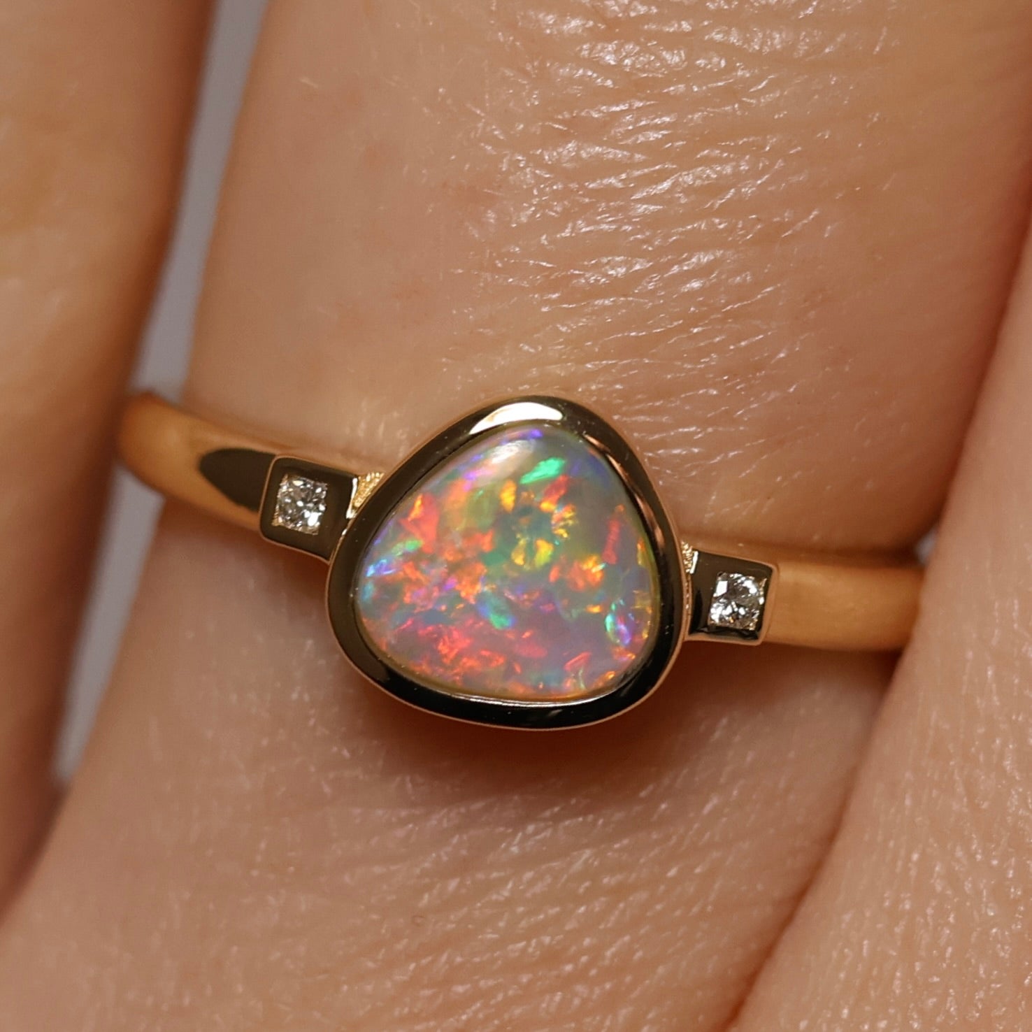 Crystal Opal Ring With Diamonds - 14K Yellow Gold