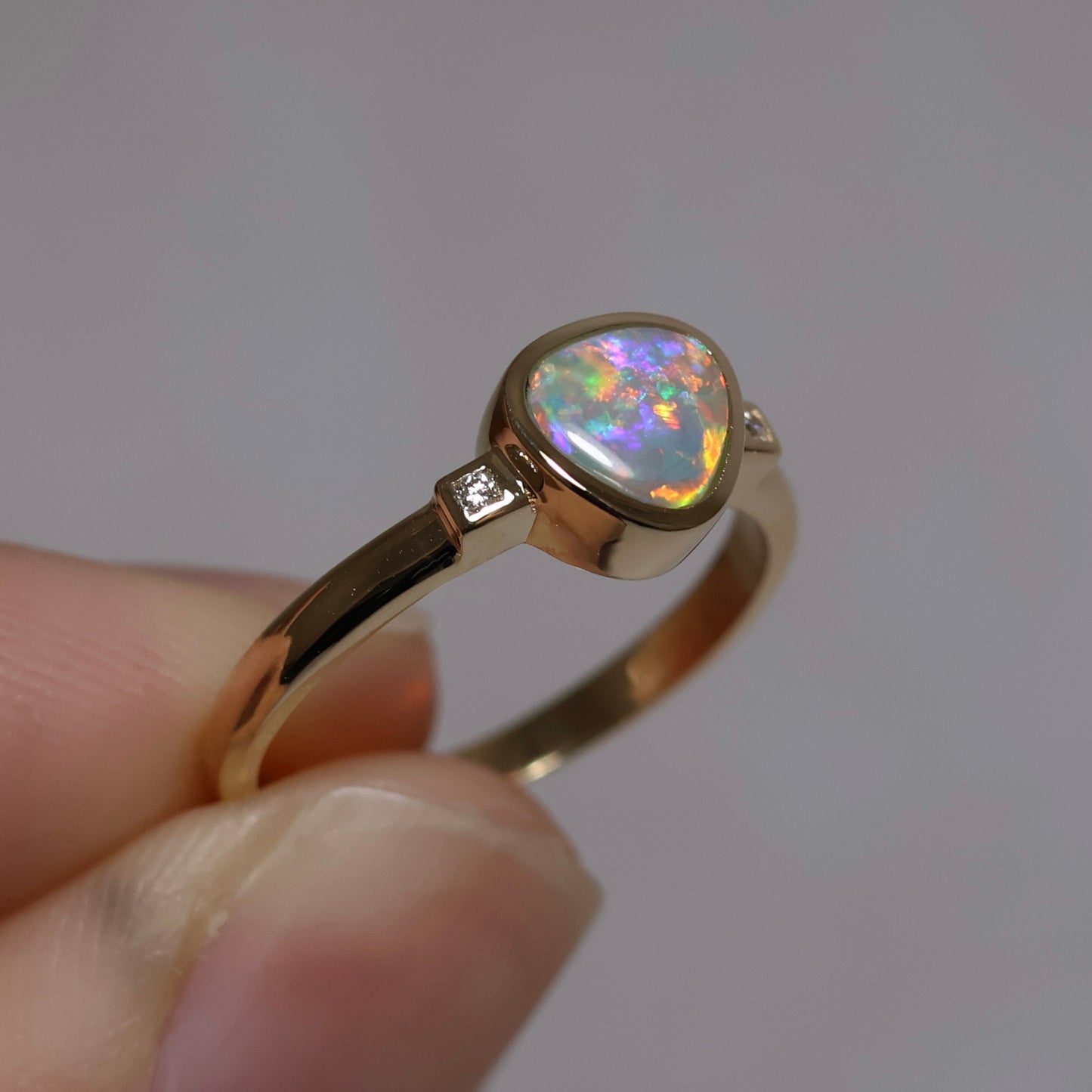 Crystal Opal Ring With Diamonds - 14K Yellow Gold