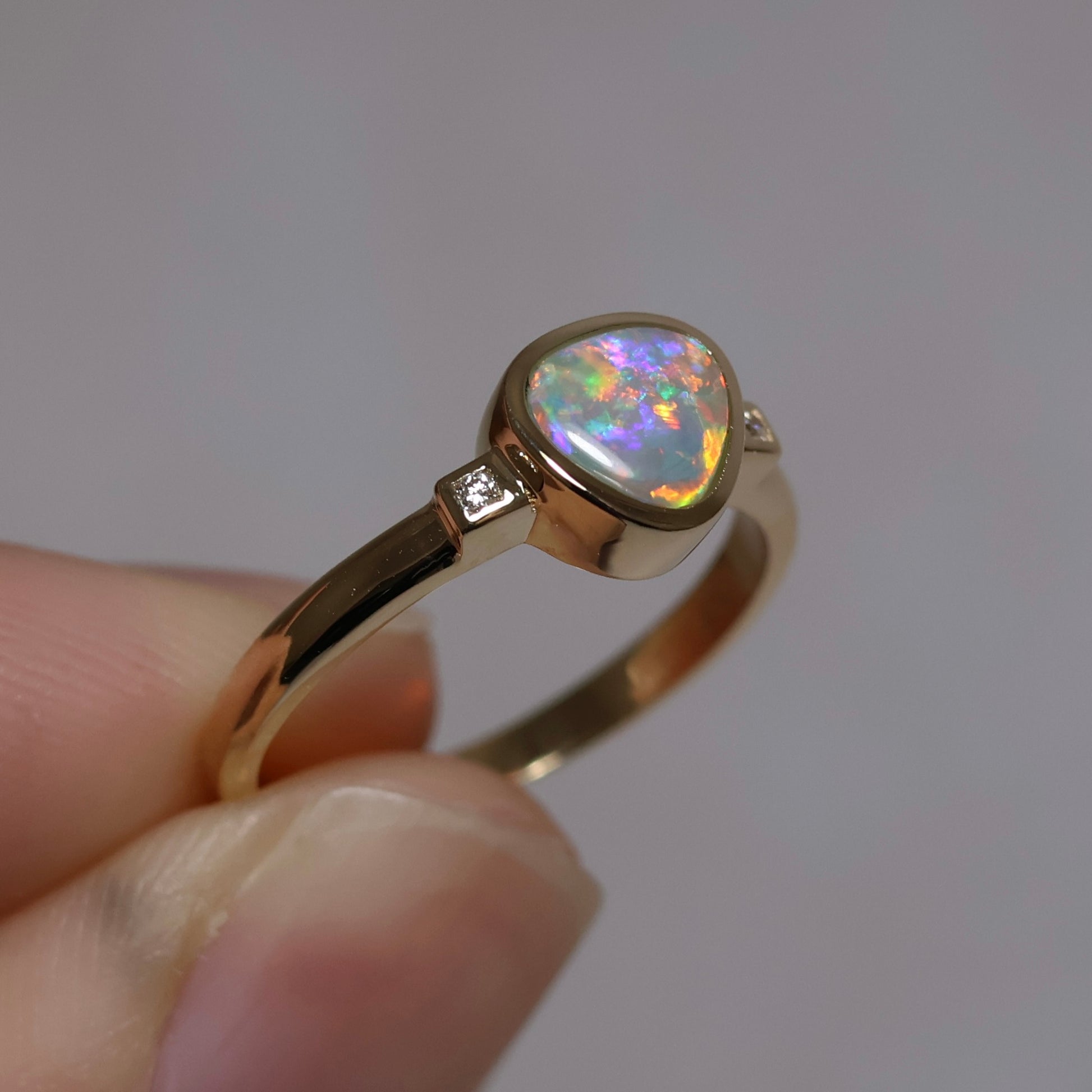 Crystal Opal Ring With Diamonds - 14K Yellow Gold