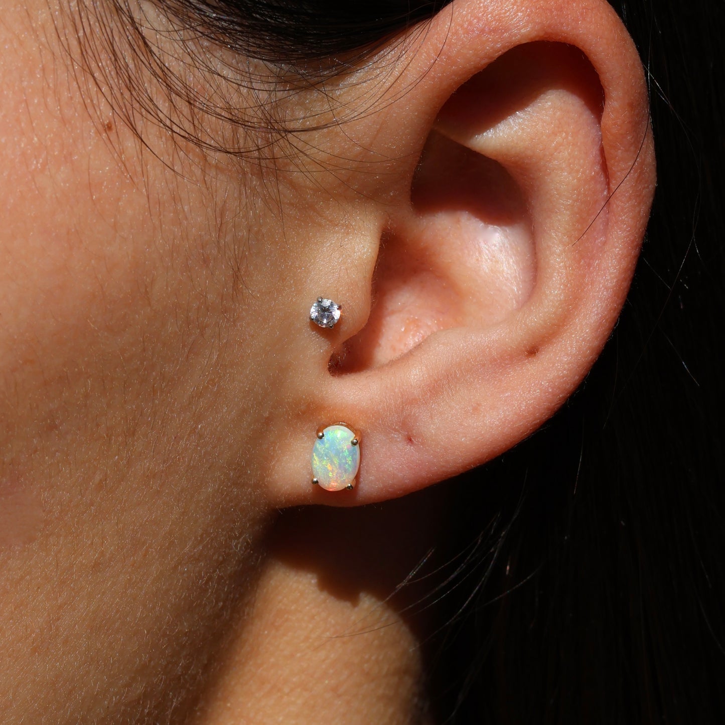7x5mm Crystal Opal Studs - 14K Yellow Gold