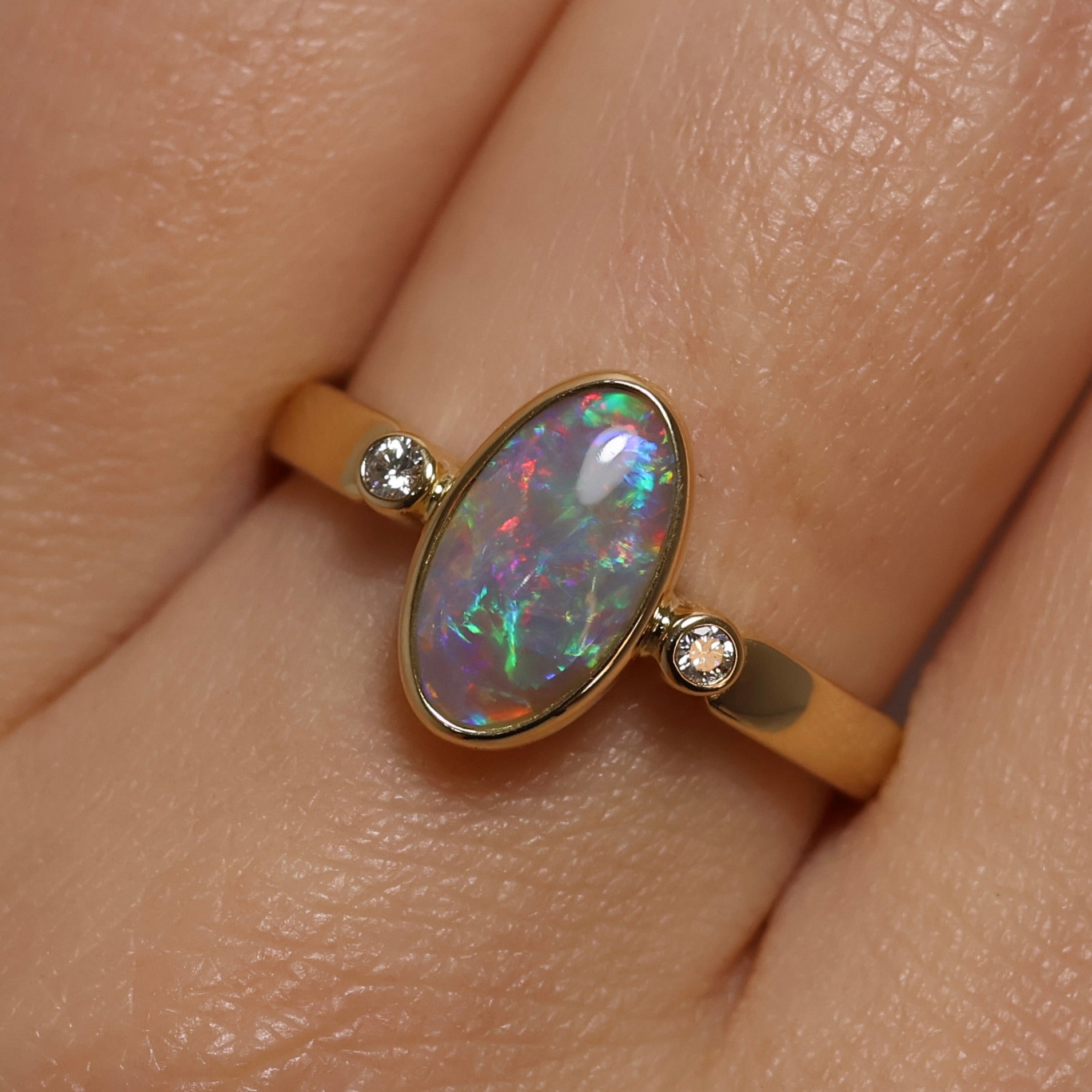 Crystal Opal Ring With Diamonds - 18K Yellow Gold