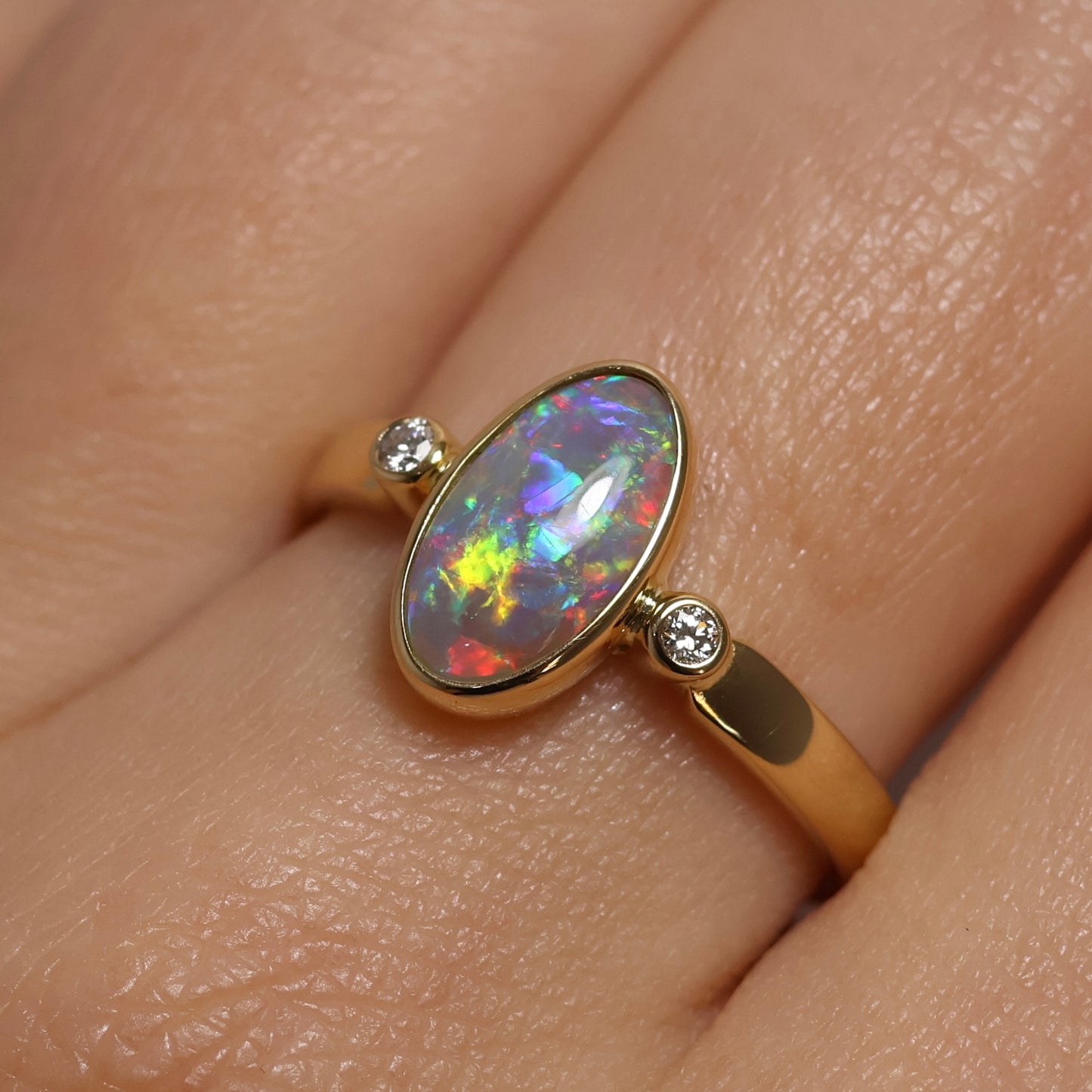 Crystal Opal Ring With Diamonds - 18K Yellow Gold