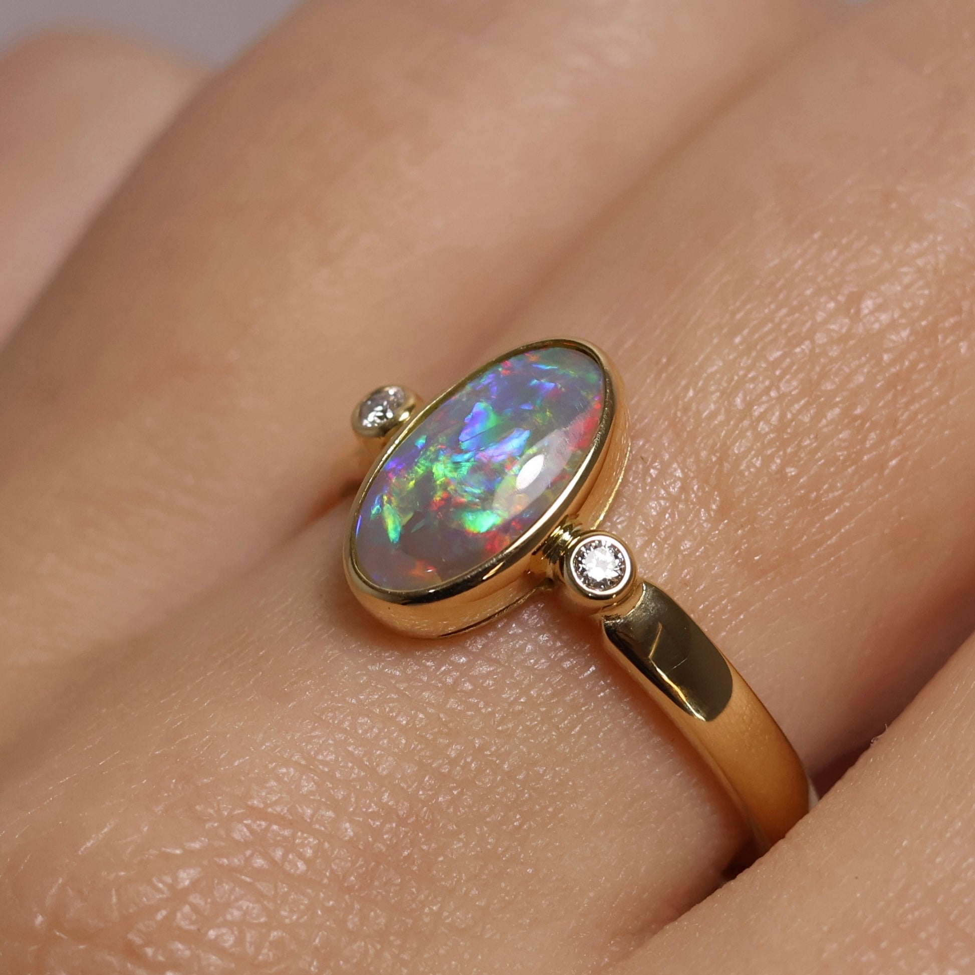 Crystal Opal Ring With Diamonds - 18K Yellow Gold