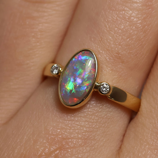 Crystal Opal Ring With Diamonds - 18K Yellow Gold