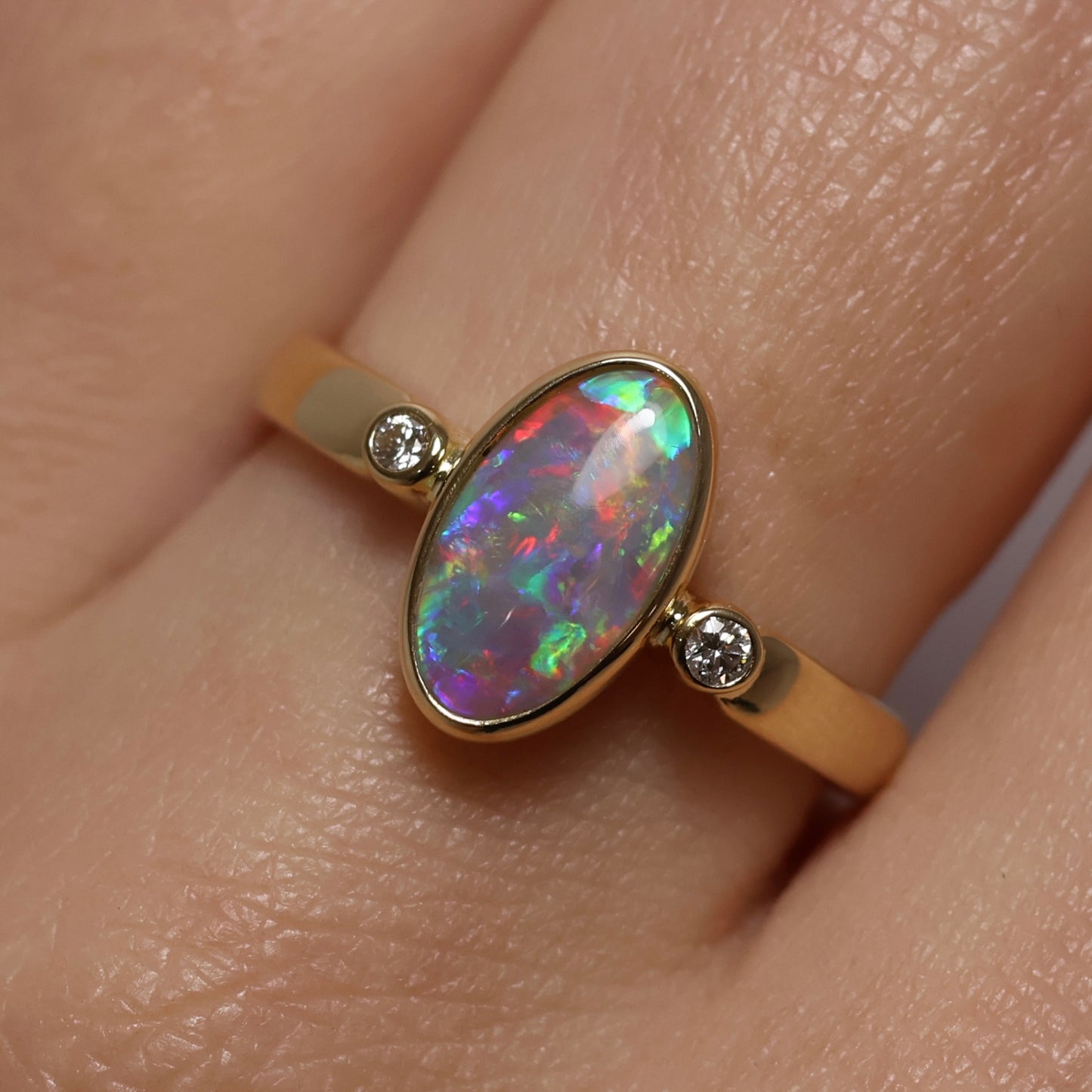 Crystal Opal Ring With Diamonds - 18K Yellow Gold