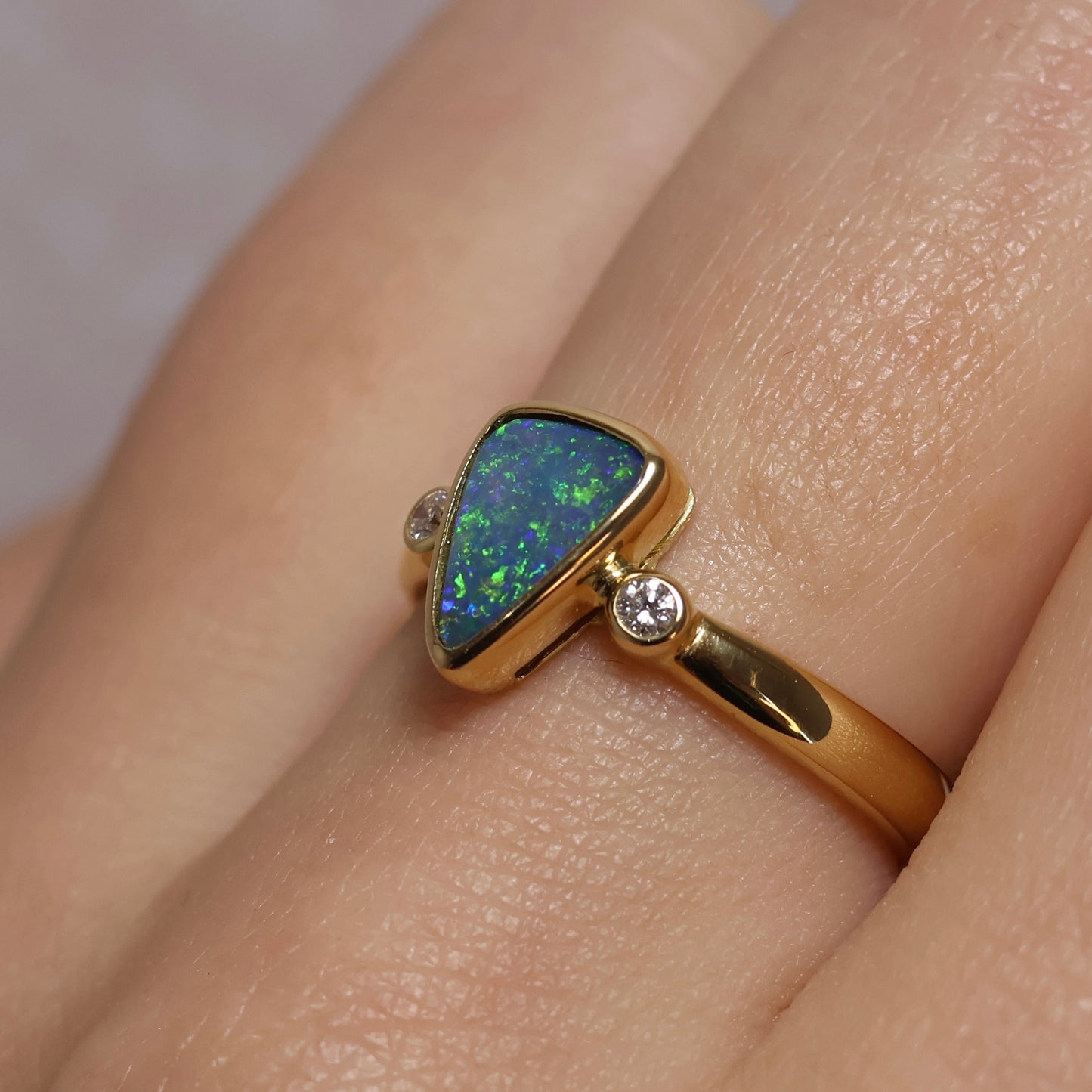 Black Opal Ring With Diamonds - 18K Yellow Gold