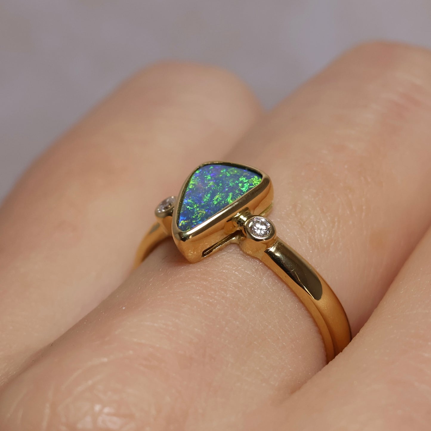 Black Opal Ring With Diamonds - 18K Yellow Gold