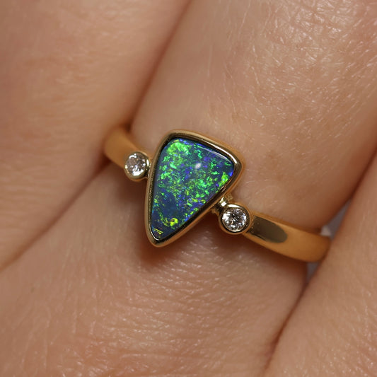 Black Opal Ring With Diamonds - 18K Yellow Gold